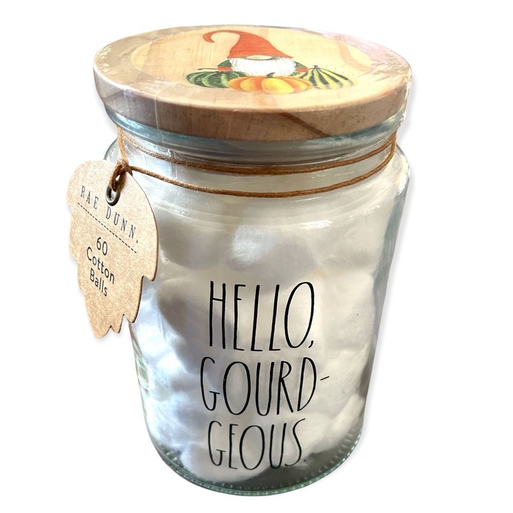 NWT Rae Dunn, “Hello, GOURD-GEOUS cotton ball glass jar container gnome